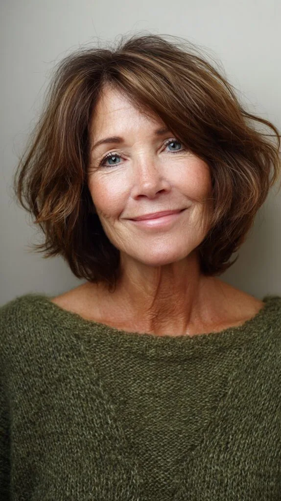 Warm Chestnut Textured Bob with Highlights