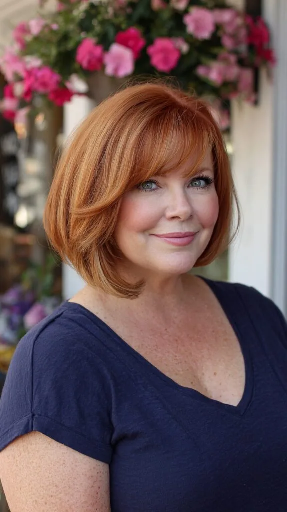 Warm Copper Chin-Length Rounded Bob with Sweeping Fringe