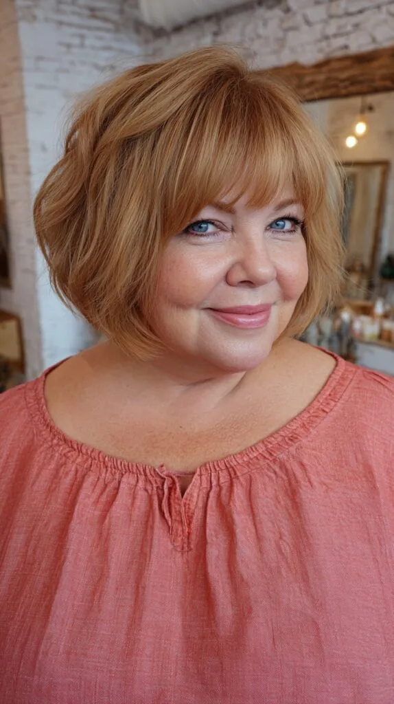 Warm Copper Rounded Bob with Textured Brow-Skimming Fringe