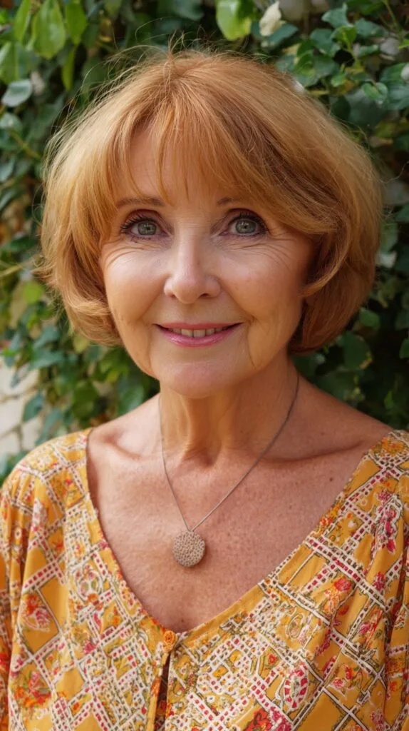 Warm Copper Rounded Bob with Wispy Micro-Bangs and Crown Lift