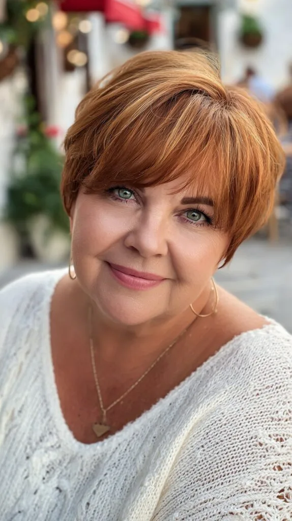 Warm Copper Short Rounded Pixie with Long Side Fringe