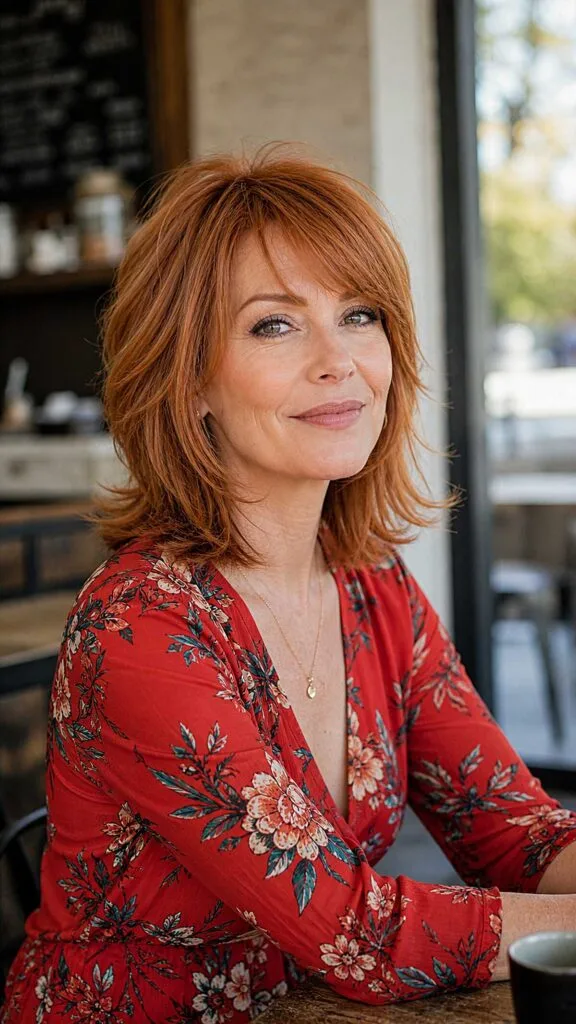 Warm Strawberry Red Shag Bob with Curtain Bangs