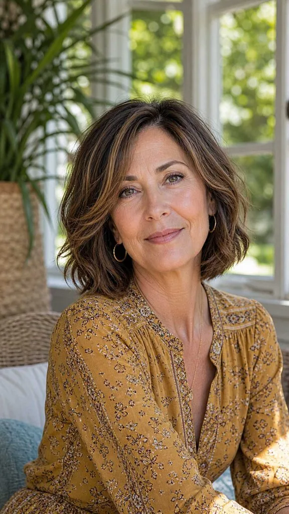 Wavy chocolate brown bob with subtle highlights