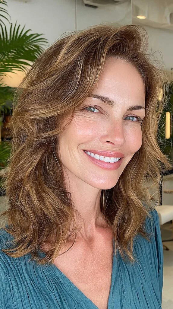 Wavy medium brown layers with golden natural highlights