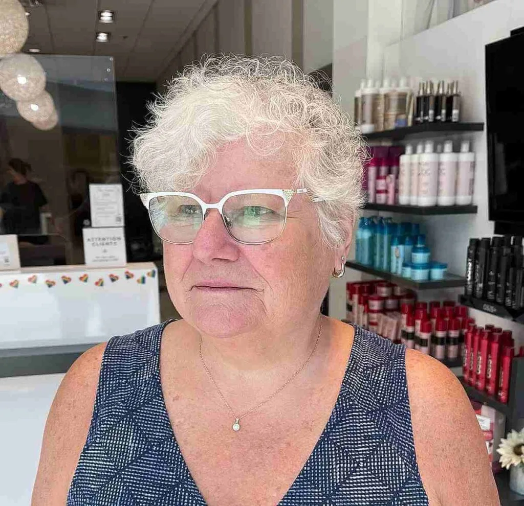 White Pixie Cut for Naturally Curly Locks for a 60-Year-Old