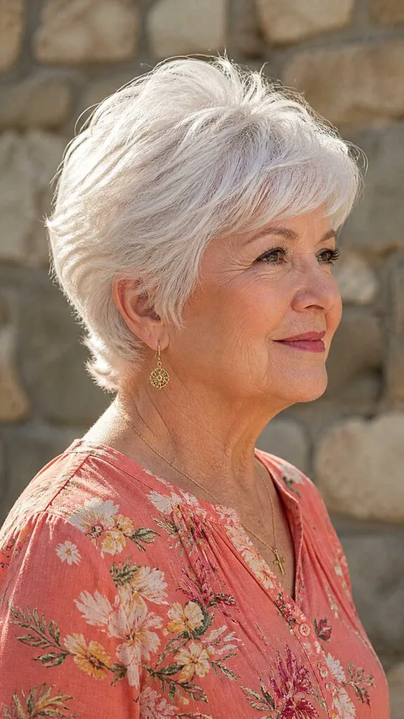 White pixie swept back with volume at crown