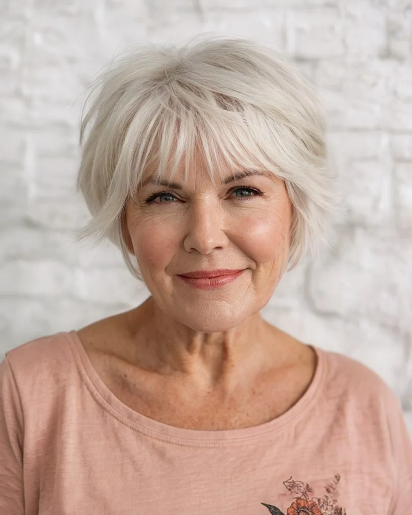White tousled butterfly pixie bob with choppy bangs and wispy layers for mature fine hair