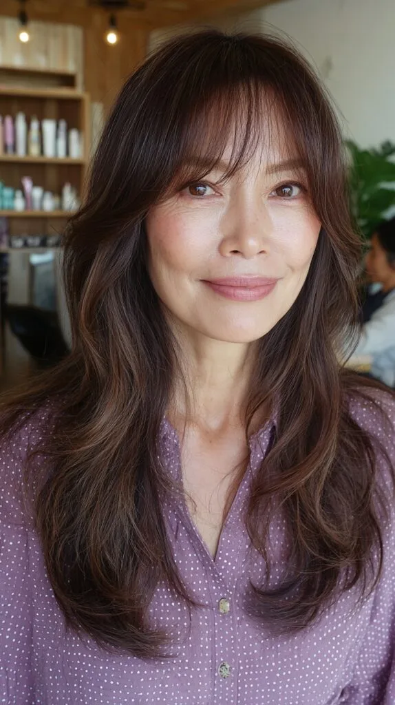Airy Chestnut Long Layers with Wispy See-Through Curtain Bangs