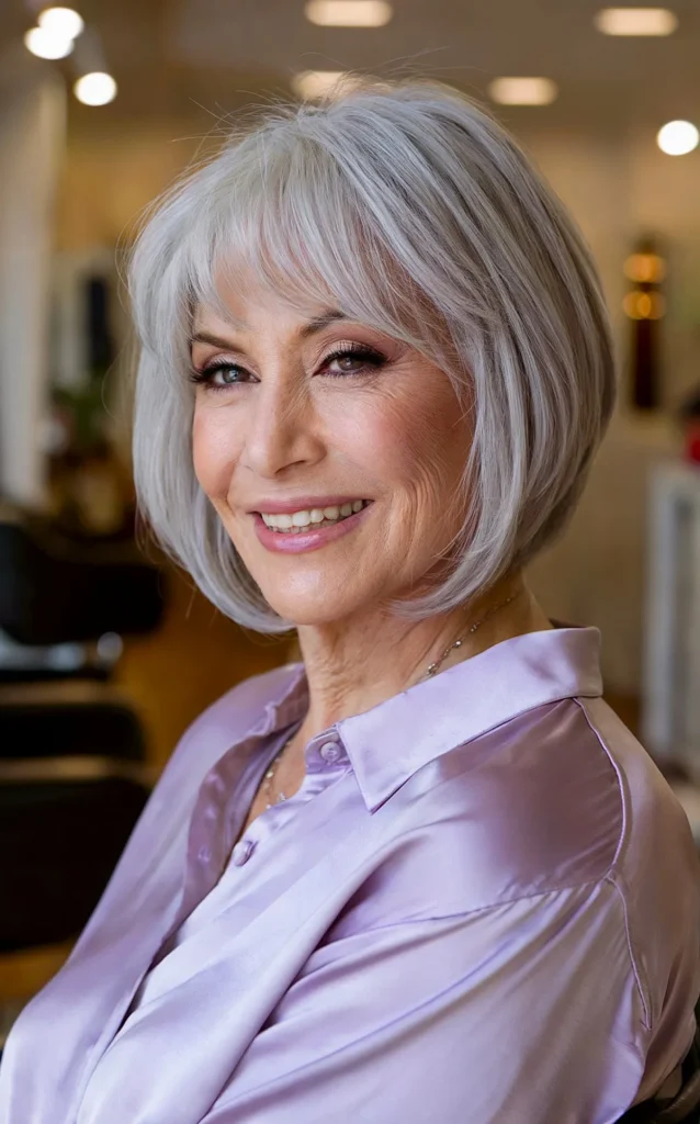 Angled Bob with Feathered Bangs for Ladies over 60