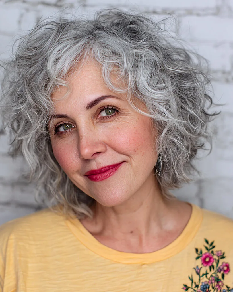 Angled curly bob hairstyle with tousled layers on gray hair