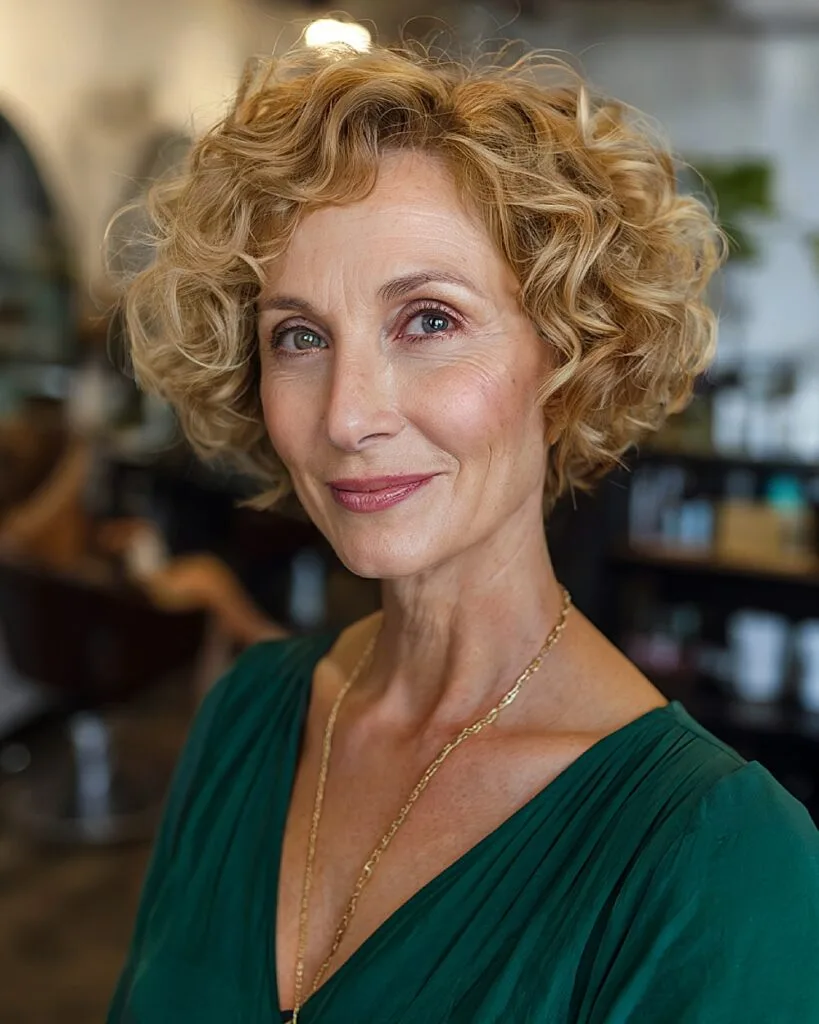 Angled curly bob with blonde curls and stacked back for stylish mature women