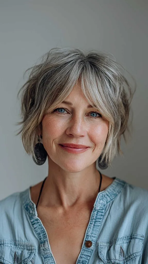 Ash blonde choppy short shag with curtain bangs
