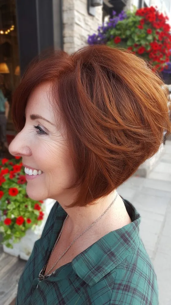 Auburn Angled Stacked Bob with Lifted Crown and Tucked Nape