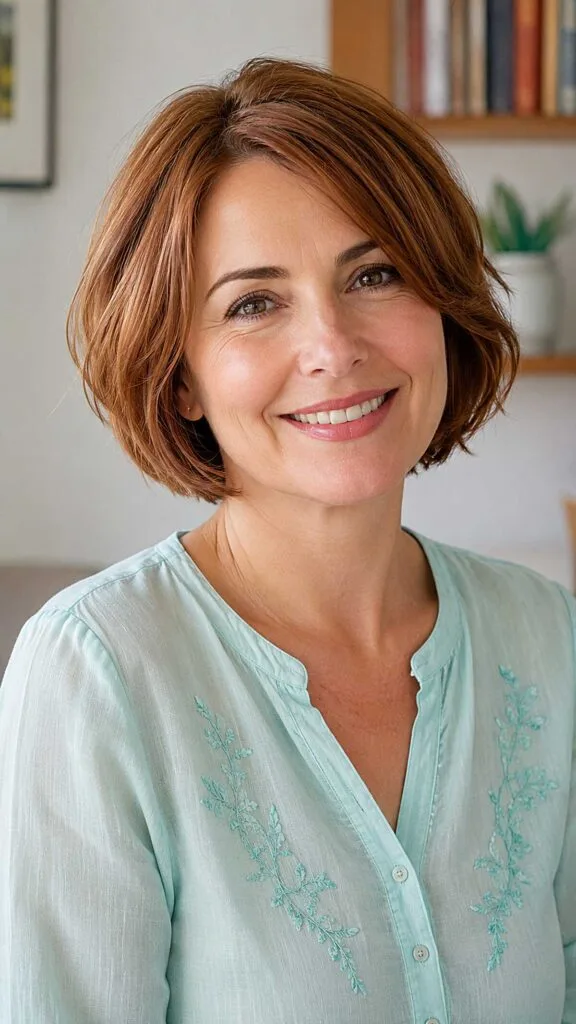 Auburn chin-length bob with soft layers and side part