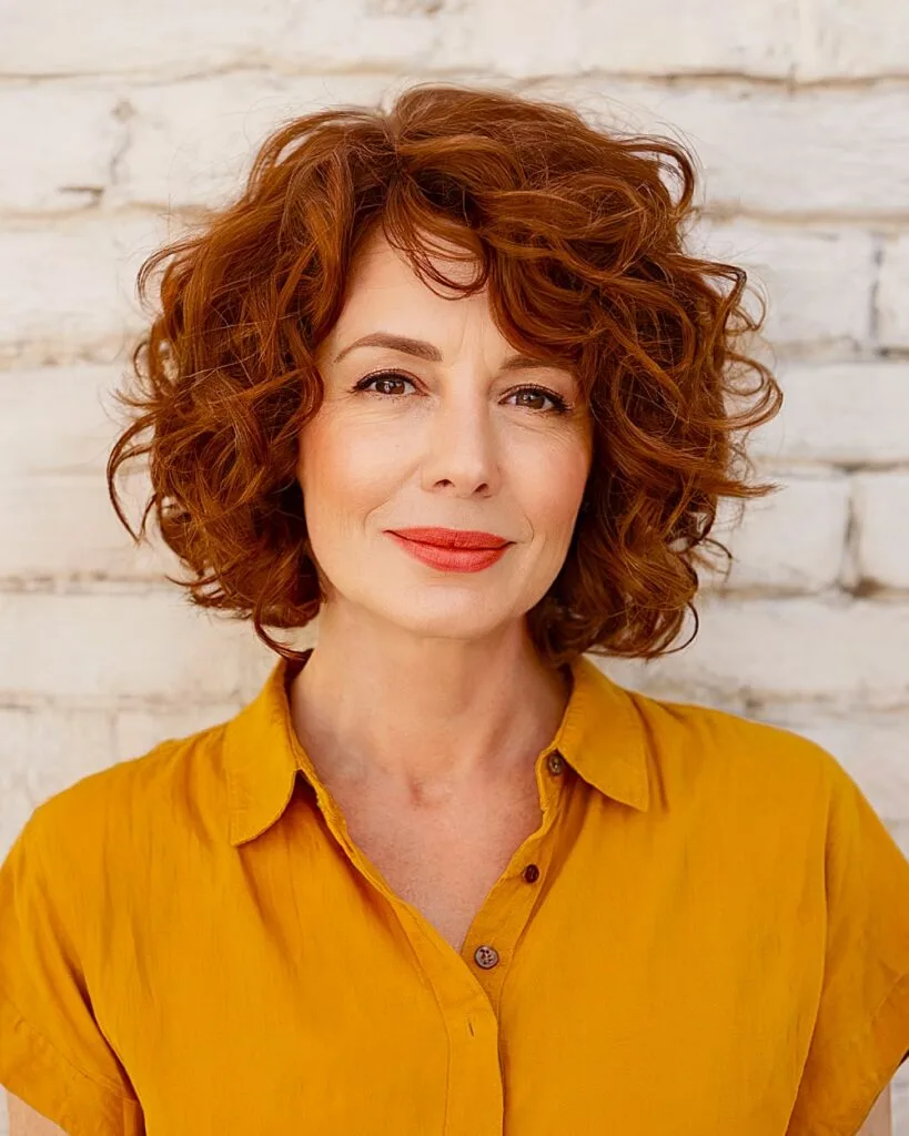 Auburn curly bob with volume for older women with thick textured hair