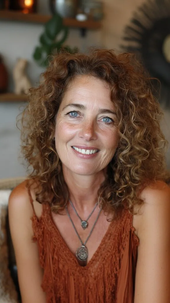 Auburn Curly Shoulder-Length Layered Cut with Face-Framing Layers