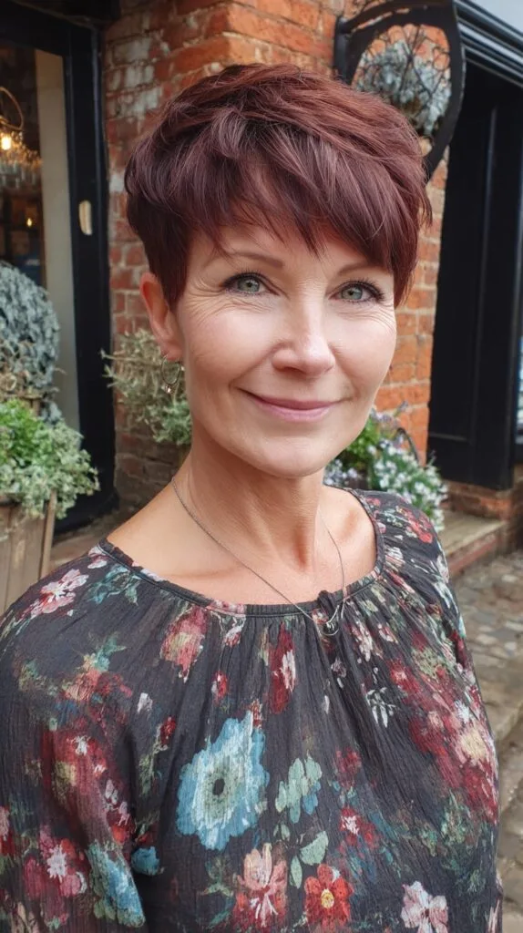 Auburn Feathered Pixie with Micro-Fringe and Crown Elevation