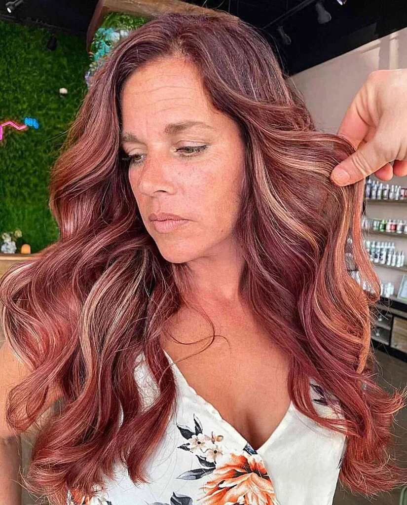 Autumn Long Copper Red Hair with Golden Highlights for Women Over 50