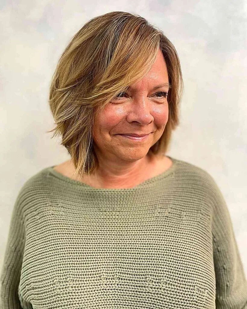 Autumn Warm Honey Brown Short Bob with Light Blonde Highlights for Women Over 50