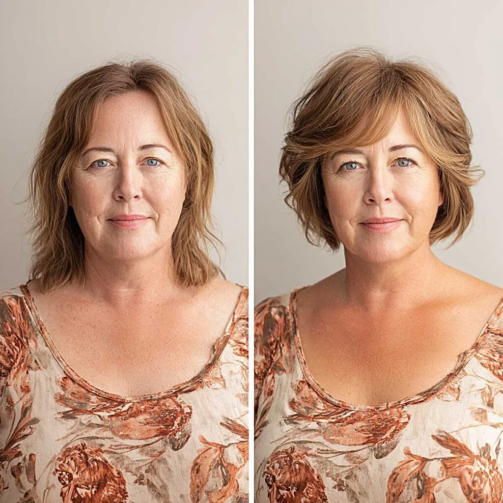 Before and after layered bob transformation on round face