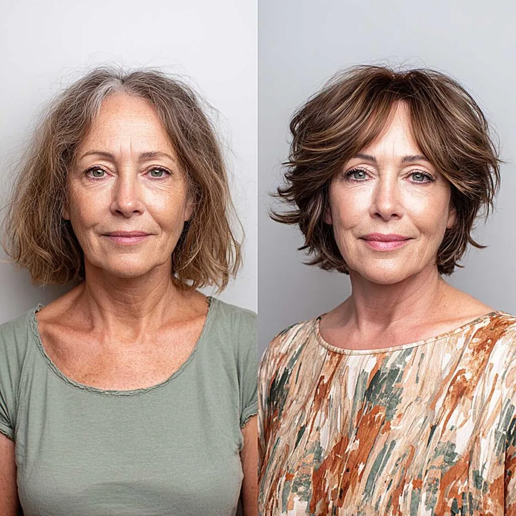 Before and after short bob transformation with curtain bangs