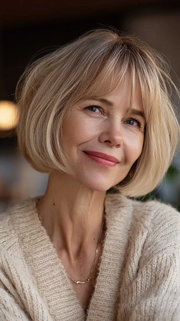 Blonde Chin-Length Bob with Structured Full Fringe