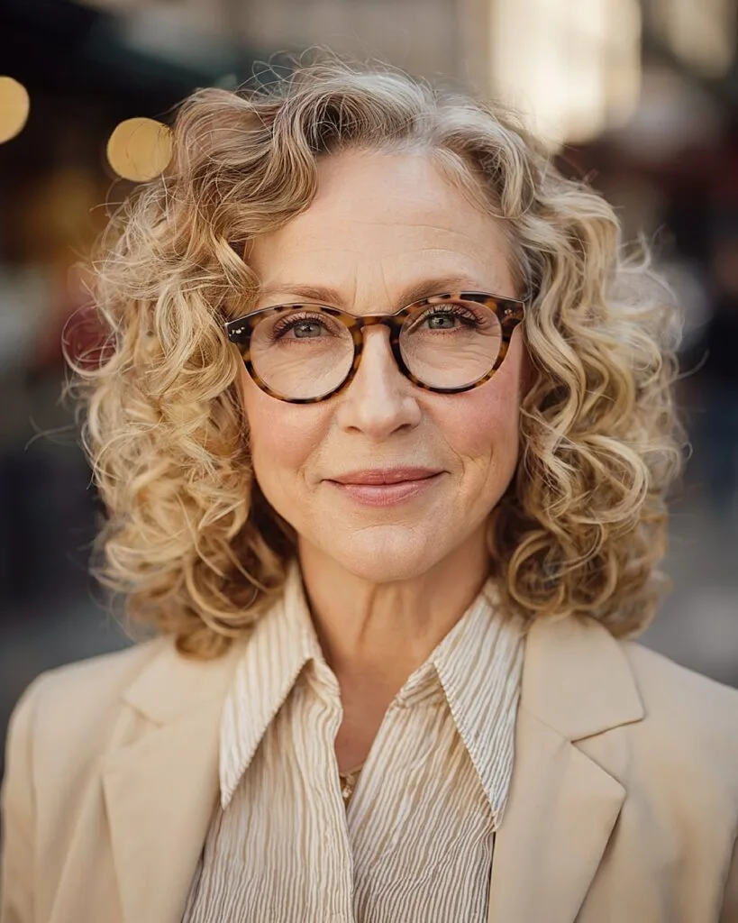Blonde curly hairstyle with deep side part for women over 50 wanting fullness and balance