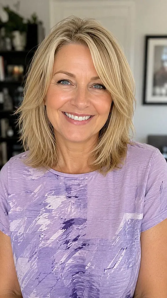 Blonde layered bob with flipped ends and side bangs