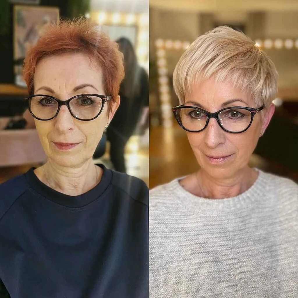 Blonde Pixie Cut for Ladies Passed 50 with Oval Face Shapes and Fine Hair