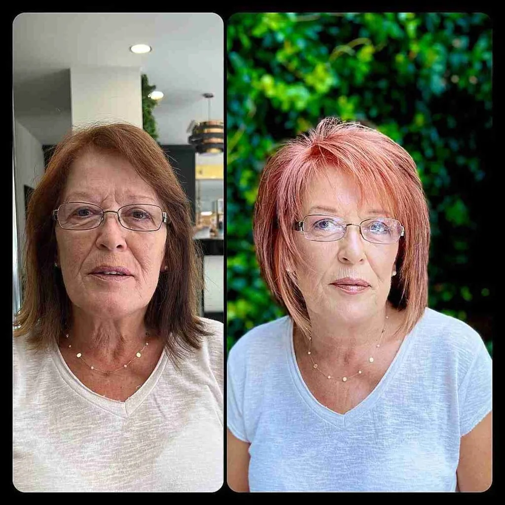 Blush Pink Face-Framing Bob Cut for 60-Year-Olds with Glasses