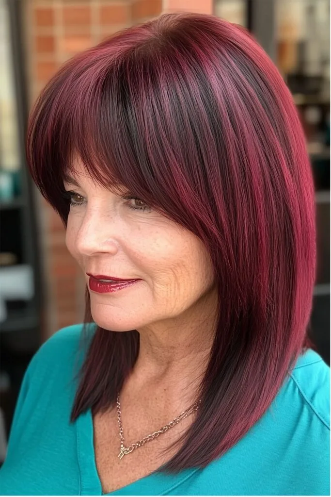 bold and lively burgundy balayage for women over 50