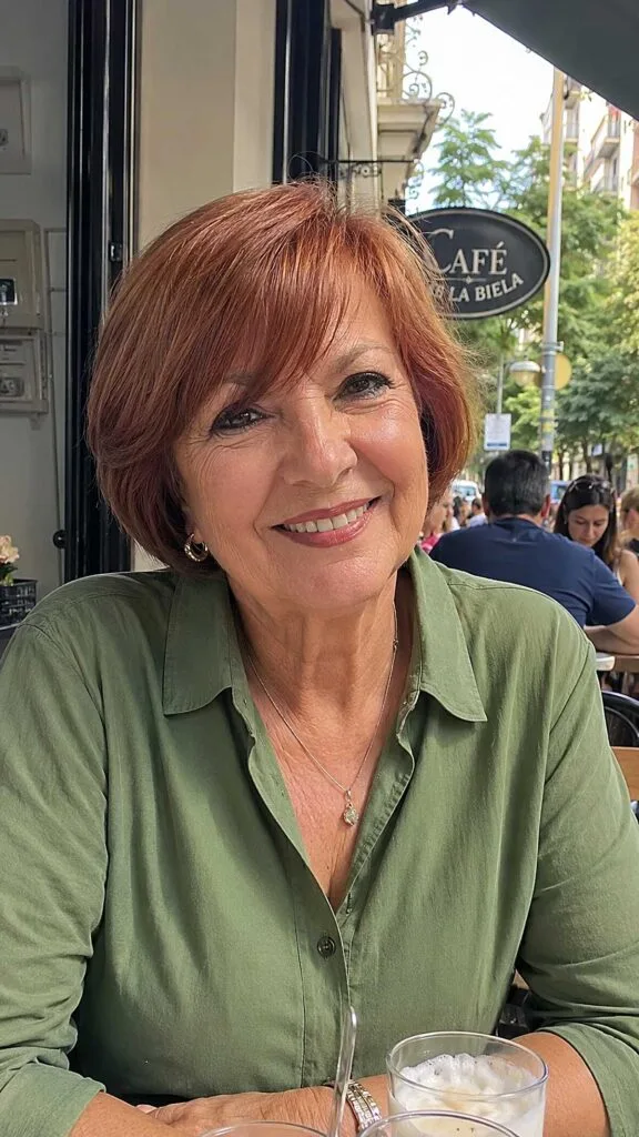 Bold copper red short bob with blunt bangs