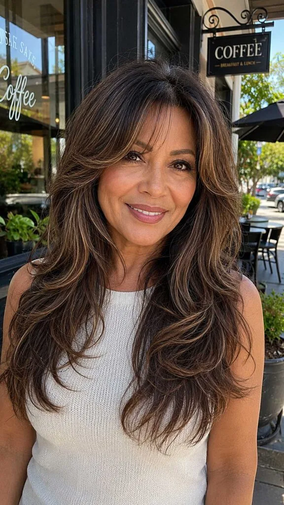 Bouncy Brunette Blowout with Honey Balayage and Layered Curtain Fringe