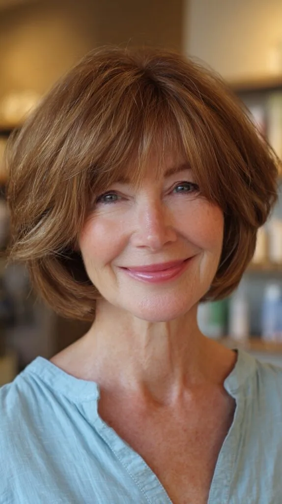 Bronze Toned Voluminous Bob with Feathered Bangs