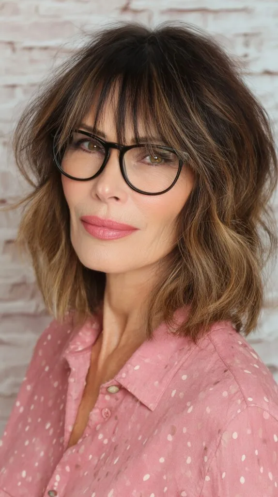 Brunette Shag with Feathered Fringe and Soft Highlights