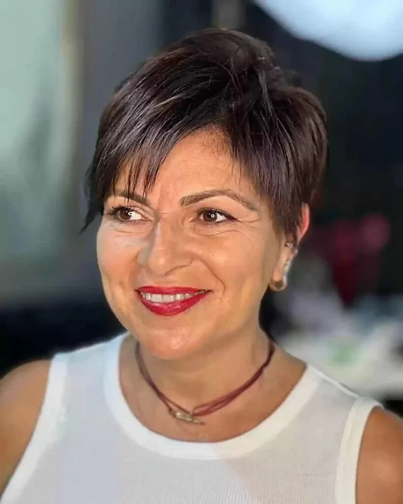 Brunette Side-Parted Pixie Cut for Fifty Year Olds with Thin Hair