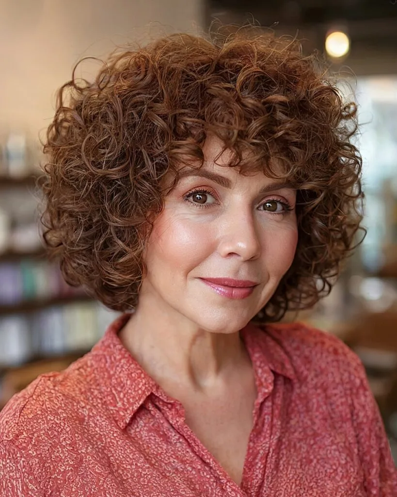 Caramel brown defined curly bob for older women with medium tight curls