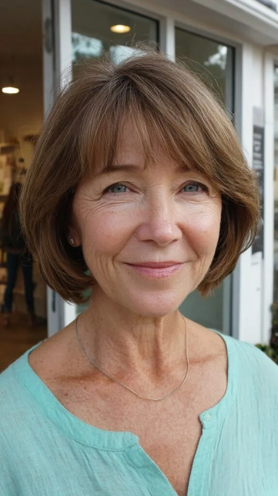 Caramel Toned Chin-Length Bob with Textured Bangs