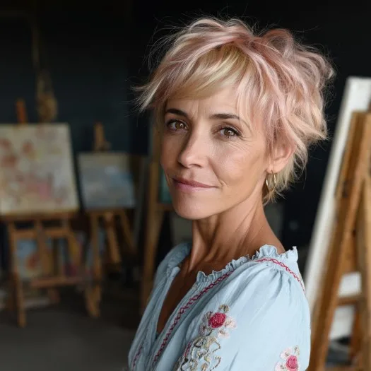 Casual Soft Pink Textured Pixie Cut