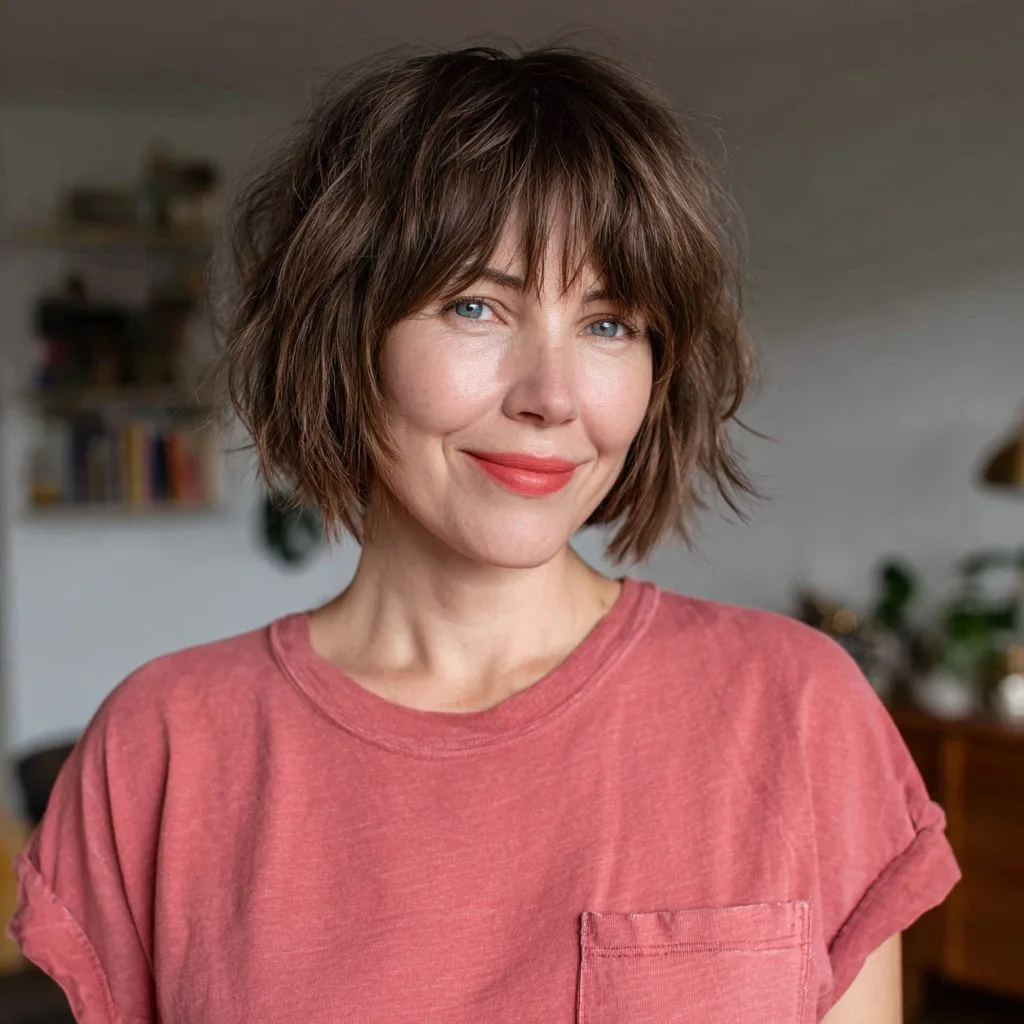 Casual Textured Shaggy Bob with Bold Bangs
