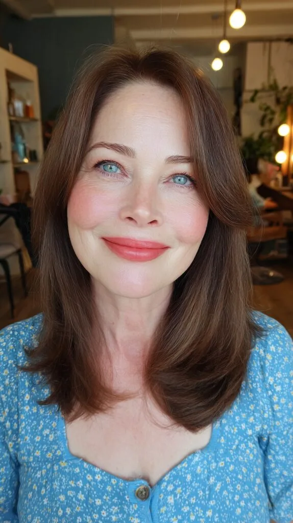 Center-Parted Chestnut Lob with Long Feathered Curtain Bangs