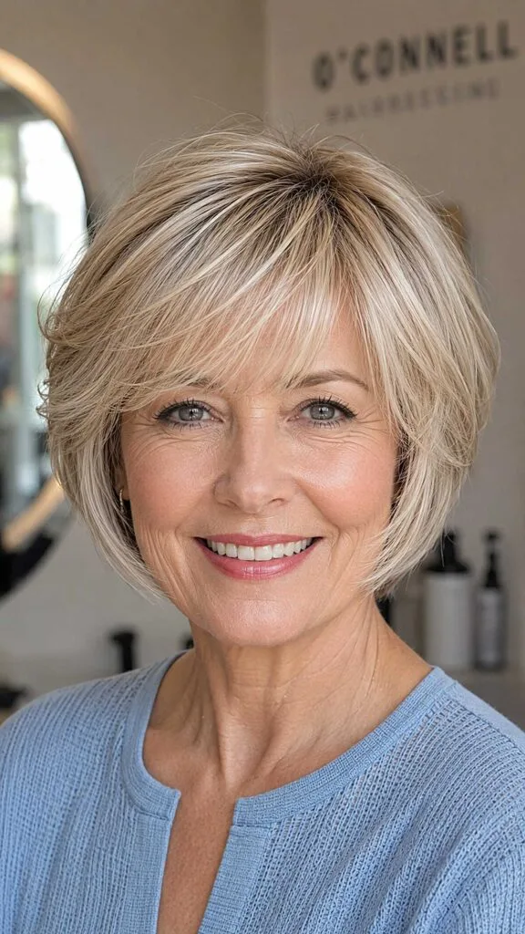 Champagne blonde pixie bob with layered side fringe