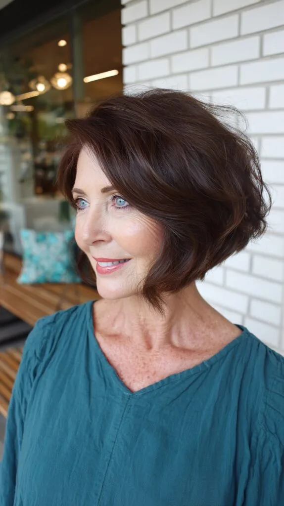Chestnut Angled Chin-Length Bob with Diagonal Face-Framing Taper