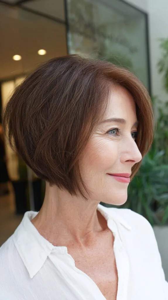 Chestnut Angled Chin-Length Bob with Stacked Internal Graduation