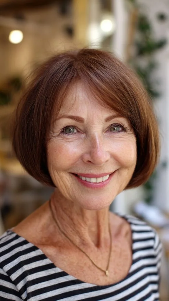 Chestnut Chin-Length Stacked Bob with Soft Side Part
