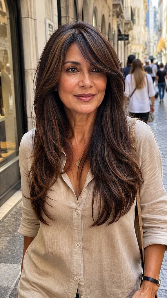 Chestnut Long Layers with Tapered Side-Swept Fringe