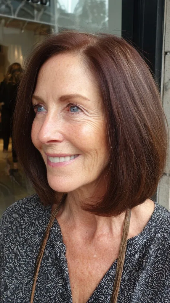 Chestnut Rounded Chin-Length Bob with Interior Bevel and Face-Sculpting Part