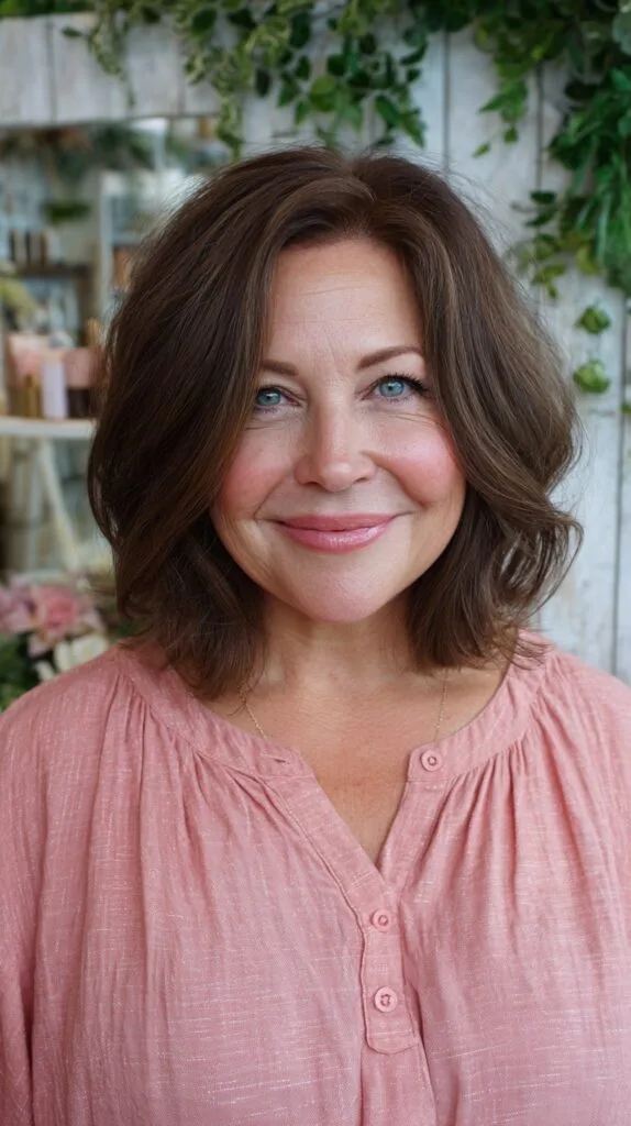 Chestnut Shoulder-Length Layered Lob with Draped Side Part