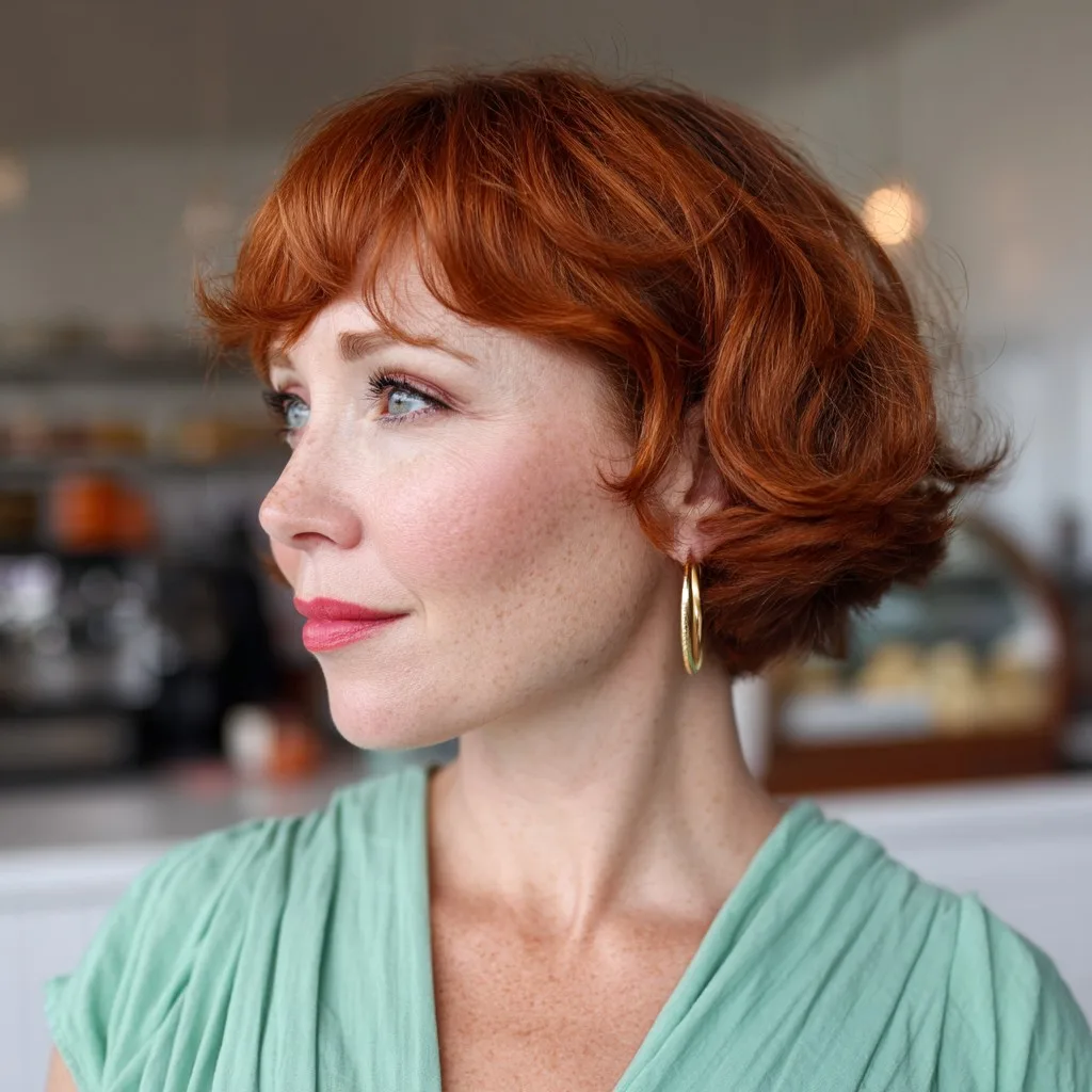 Chic Curly Copper Bob with Playful Bangs