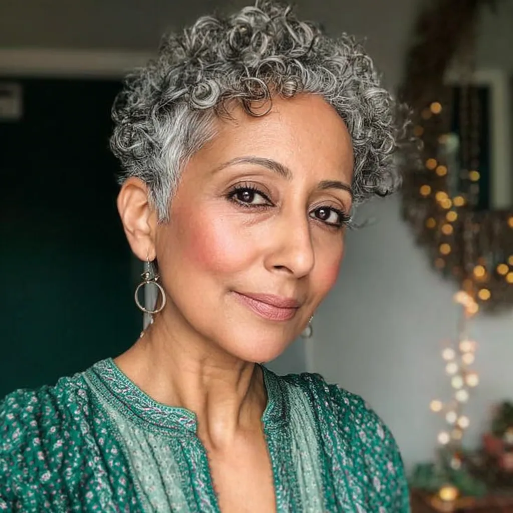 Chic Curly Grey Pixie Cut with Defined Curls